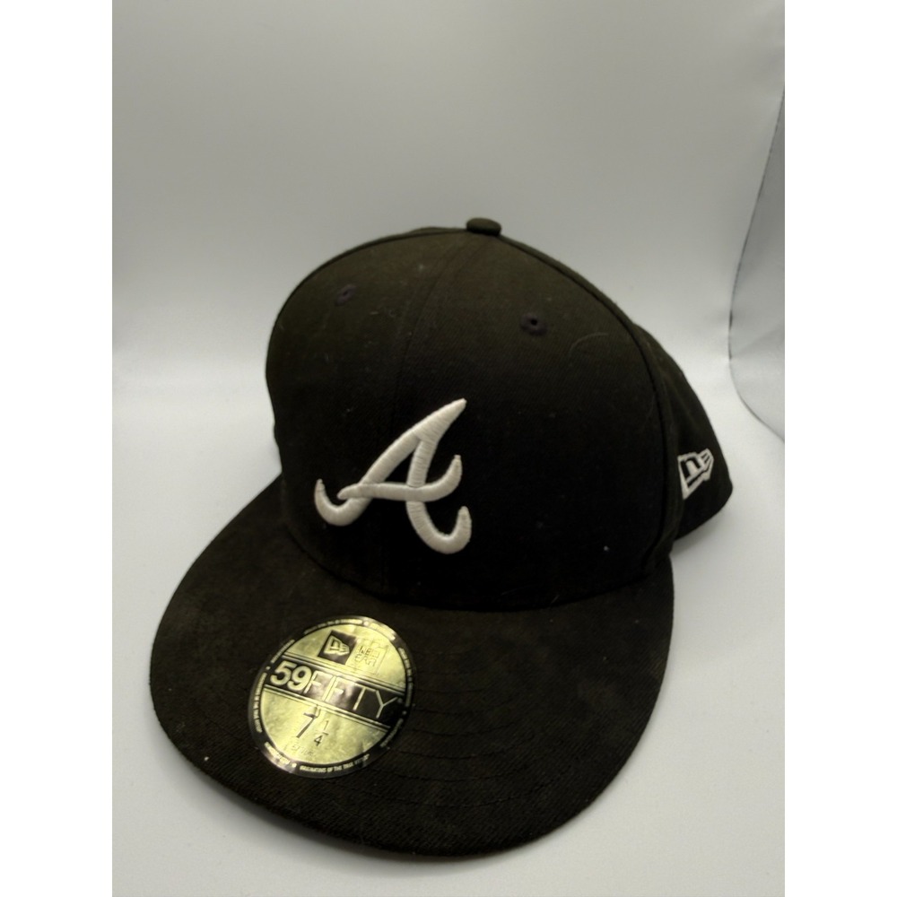 New Era 59Fifty Atlanta Braves Baseball Cap Mens 7 1/4 Black White Fitted Hat